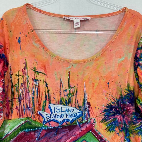 Leoma Lovegrove Large Colorful Artsy Drawing 3/4 Sleeve Stretch Casual Top - Picture 3 of 9